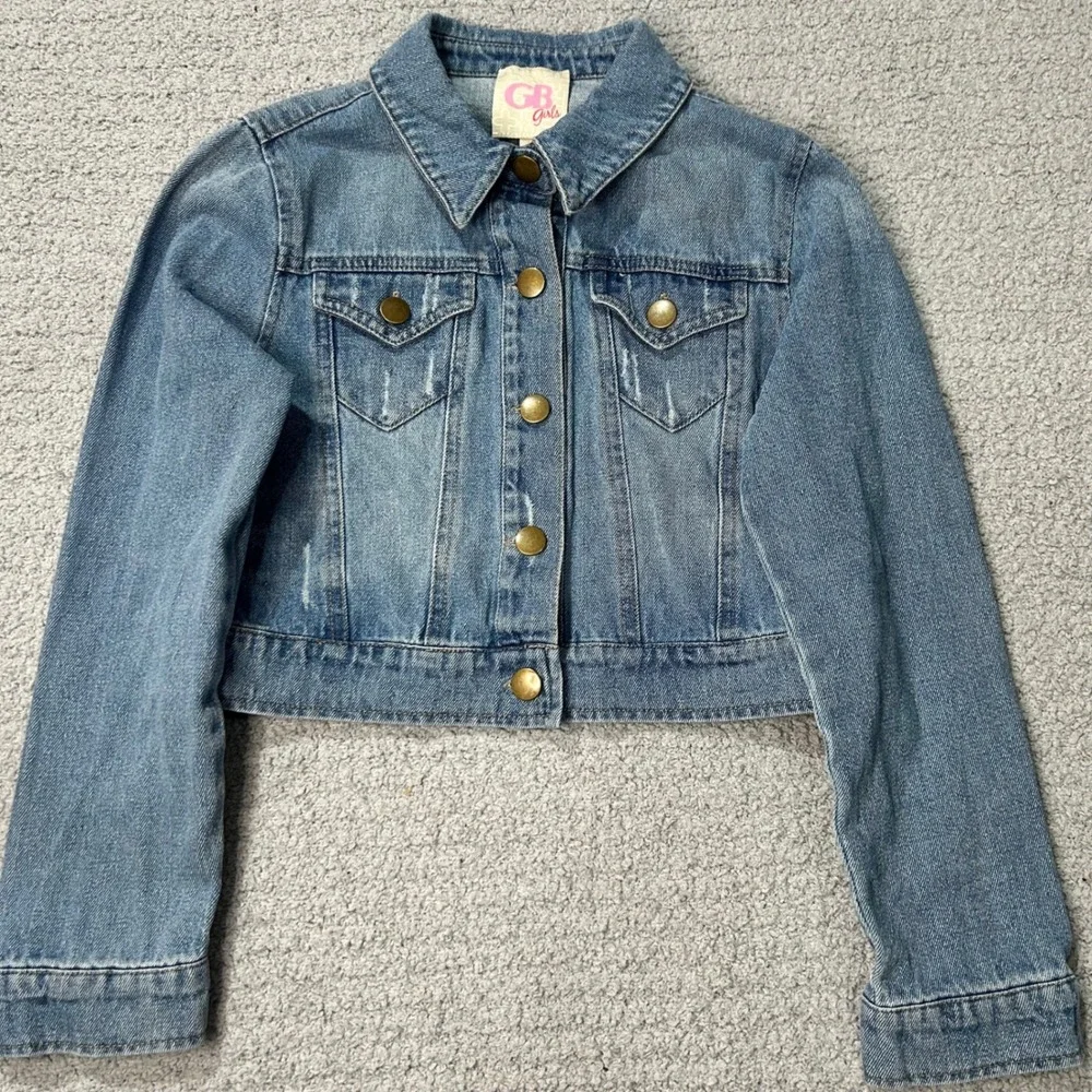 GB‎ Girls Denim Jacket Cropped Distressed Large Blue Aesthetic Trucker Outerwear